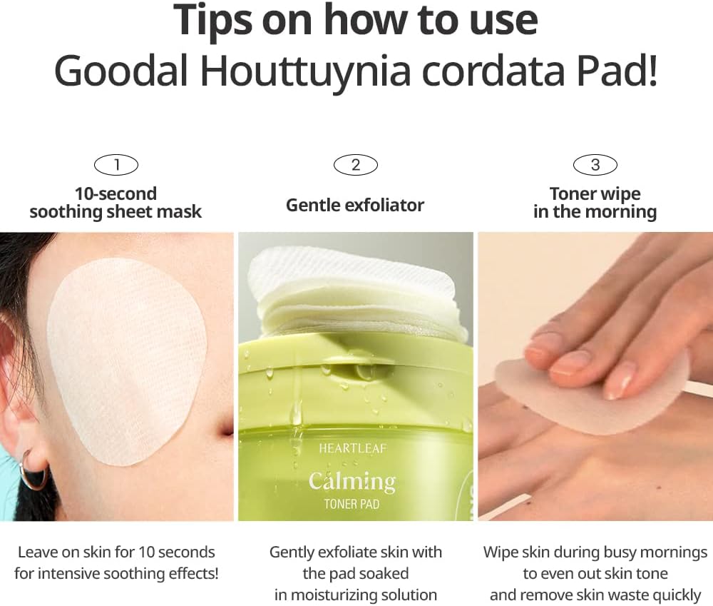 GOODAL Heart Leaf Calming Toner Pad for All Skin Types, Houttuynia Cordata Intense Calming Care, Deeply Moisturizing, Instantly Hydrating, and Toning