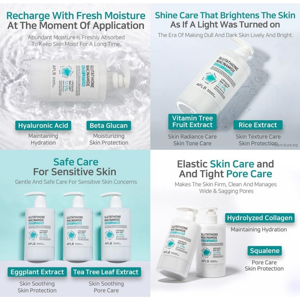 APLB Glutathione Niacinamide Body Lotion, 300mL | LIPO GLUTA NIAC CEN™ 12.5% 10.14 FL.OZ/Korean Skincare, Long lasting hydration, Revitalize for gentle and improve skin texture