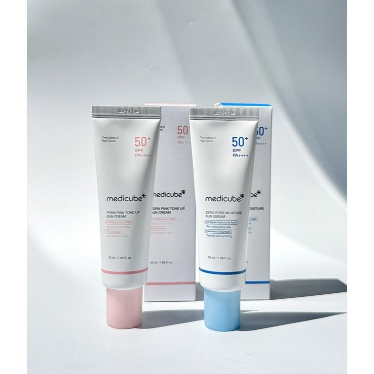 MEDICUBE PDRN Pink Tone-up Sunscreen 50ml, Zero Pore Sun Serum 50ml