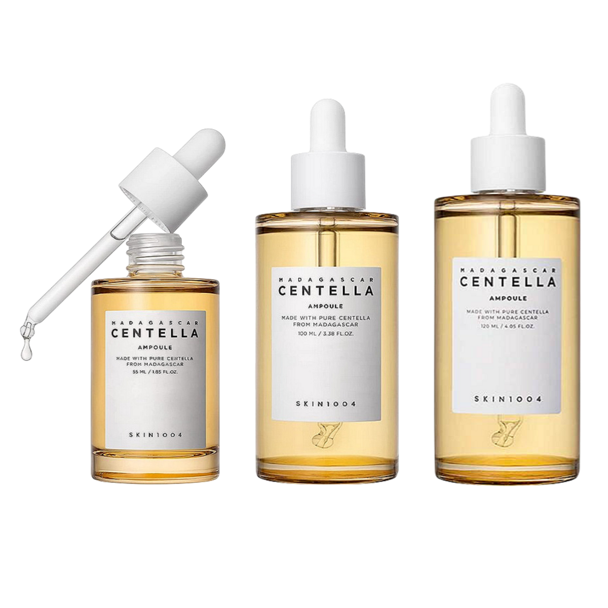 Frascos de SKIN1004 Centella Ampoule de 55ml, 100ml y 120ml uno junto a otro