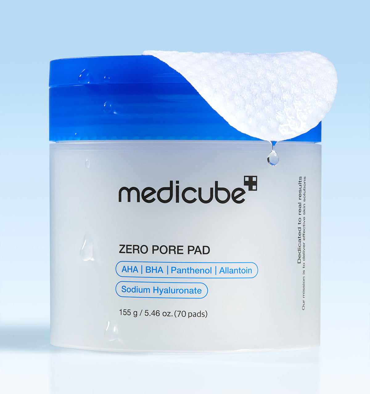 Medicube Zero Pore Pad 2.0 70-pad tub with a textured pad resting on its blue lid