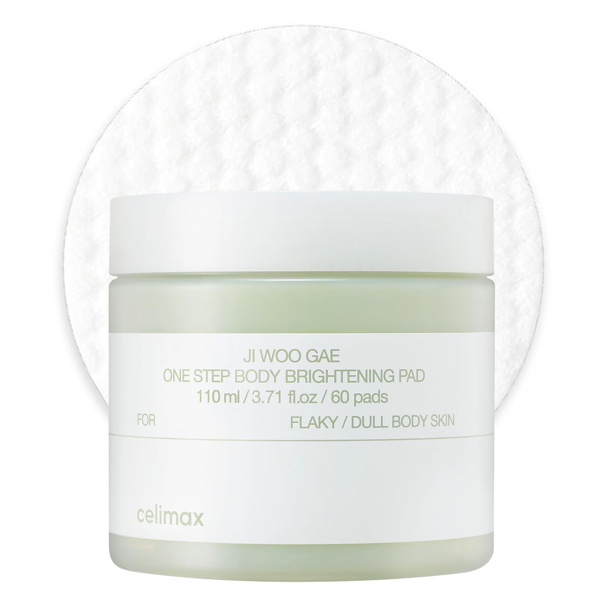 CELIMAX Ji Woo Gae One Step Body Brightening Pad in a pale-green tub with a white lid and a white pad behind it