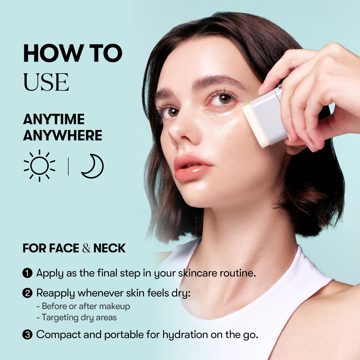 VT PDRN Essence Stick Balm 9.5g aplicado en la mejilla, con instrucciones de uso en inglés