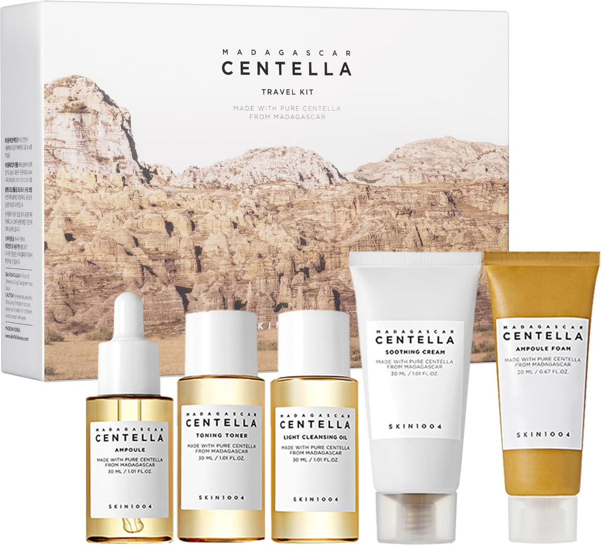 SKIN1004 Madagascar Centella Travel Kit │ Espuma en ampolla 20ml + Tónico tonificante 30ml + Ampolla 30ml + Crema calmante 30ml + Aceite limpiador 30ml