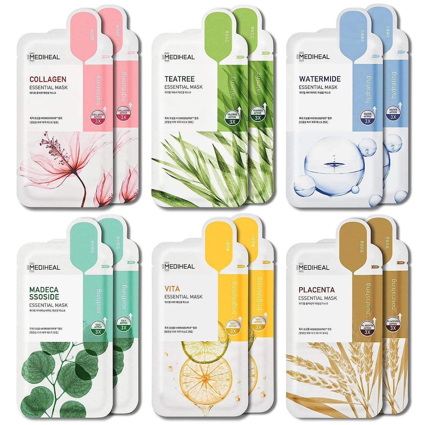 Mediheal Sheet Mask New Essential HERO 10 pack (Collagen, Tea Tree, Placenta, Madecassoside, Vita, Watermide)| Korean Skincare Facial Sheet Mask Combo, Moisturizing, Soothing and for Blemishes