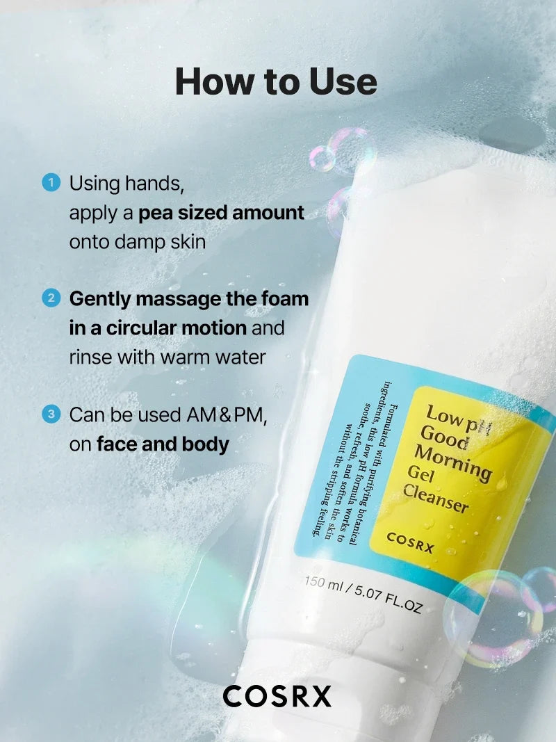 COSRX Low pH Good Morning Gel Cleanser 150ml with three-step cleansing directions