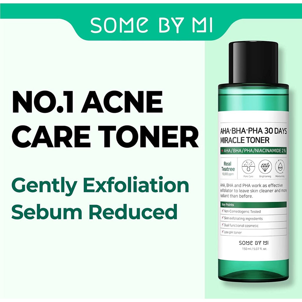 SOME BY MI AHA BHA PHA 30 Days Miracle Toner  5.07Oz/150ml  Made from Tea Tree Leaf Water for Sensitive Skin, Mild Exfoliating Daily Facial Toner, Korean Skin Care