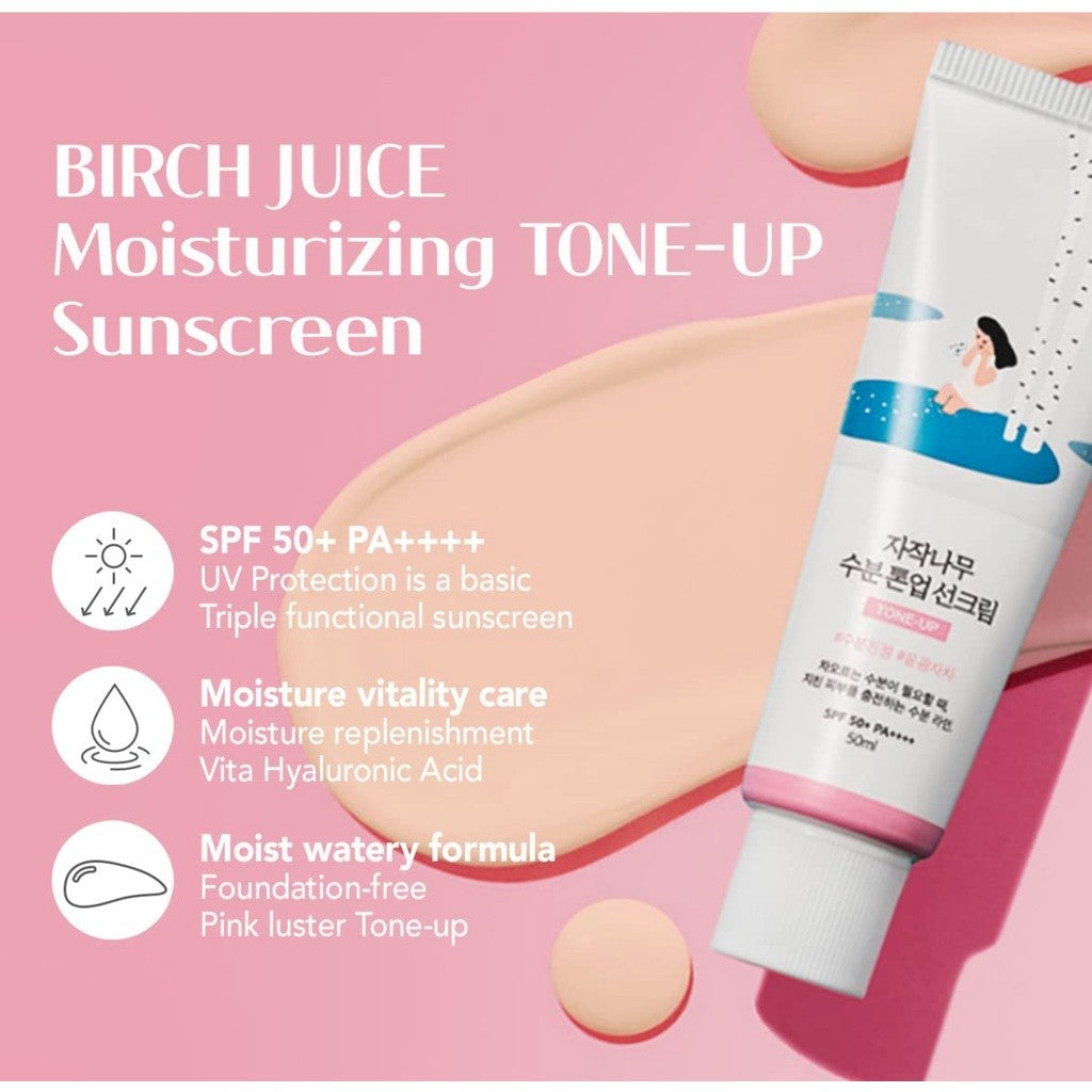 ROUND LAB Birch Juice Moisturizing Tone Up Sunscreen 1.69 Fl.Oz/50mL, No White Cast, Strong UV Protection, Moist Essence Type, Ocean Friendly-Reef Safe