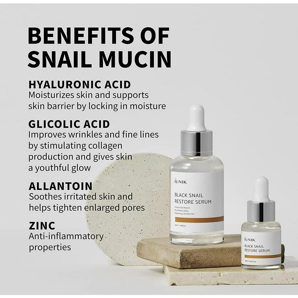 IUNIK Black Snail Restore Serum 50mL, 70% de mucina de caracol, potente restaurador de la piel, nutritivo, reafirmante, cuidado contra las arrugas
