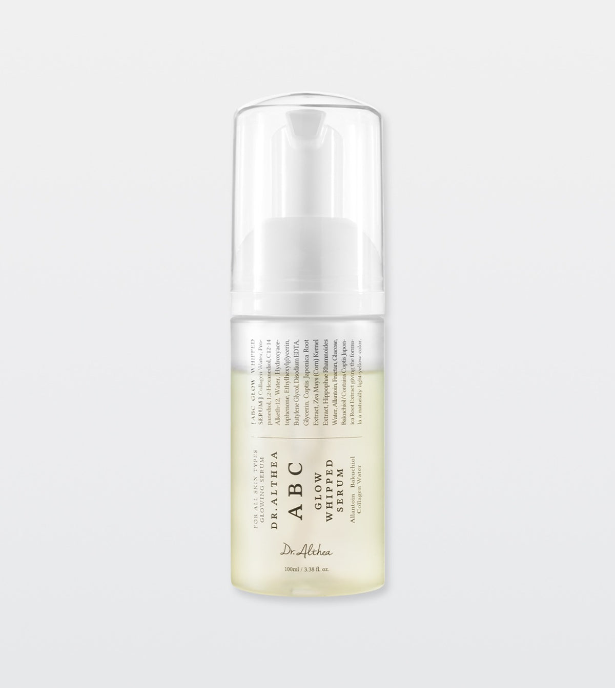 Frasco de Dr. Althea ABC Glow Whipped Serum con dosificador blanco y tapa transparente