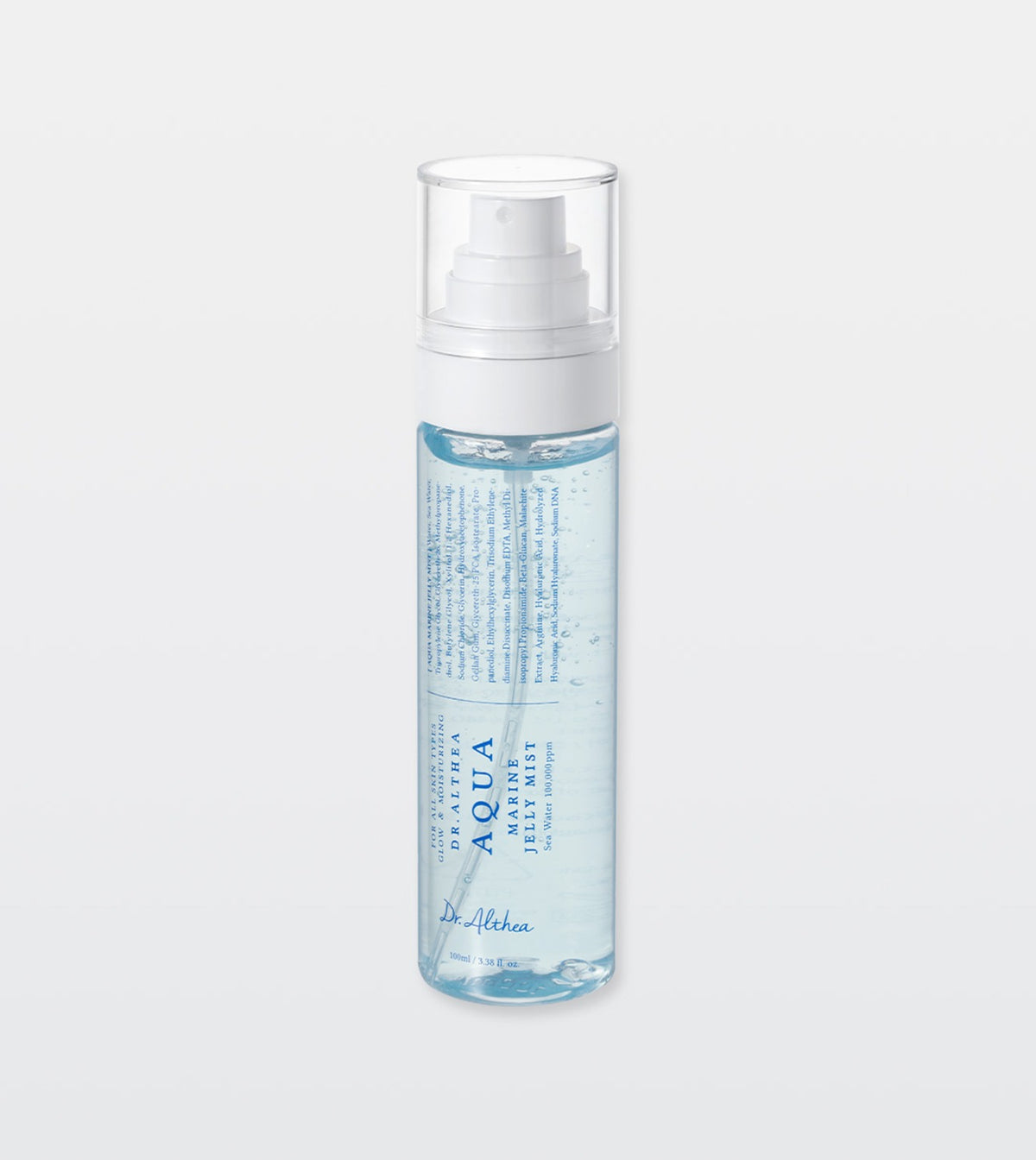 Blue Dr. Althea Aqua Marine Jelly Mist bottle with a white spray pump and clear cap