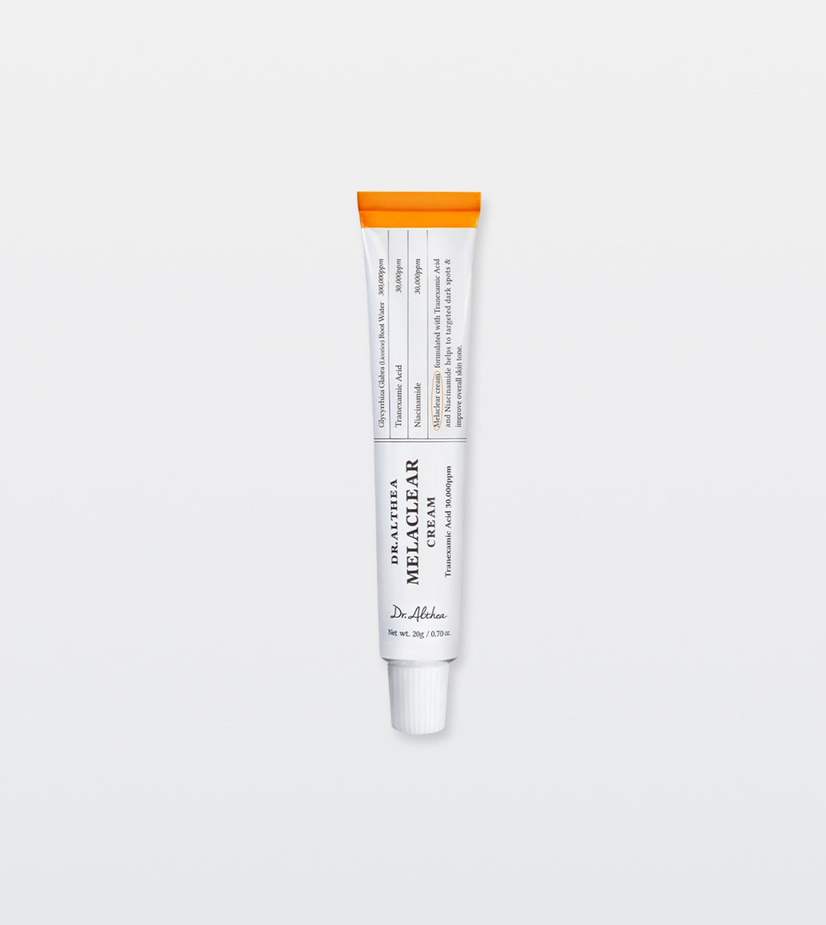 White Dr. Althea Melaclear Cream tube with an orange band at the top