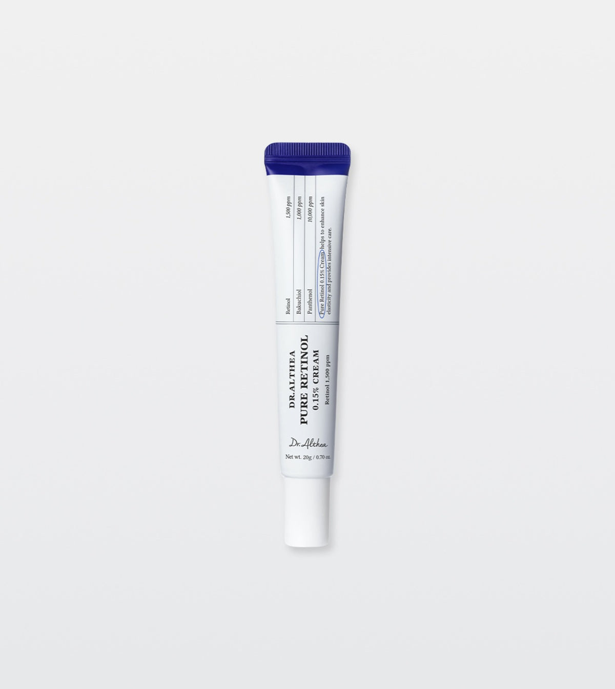 White Dr. Althea Pure Retinol 0.15% Cream tube with a dark blue band at the top