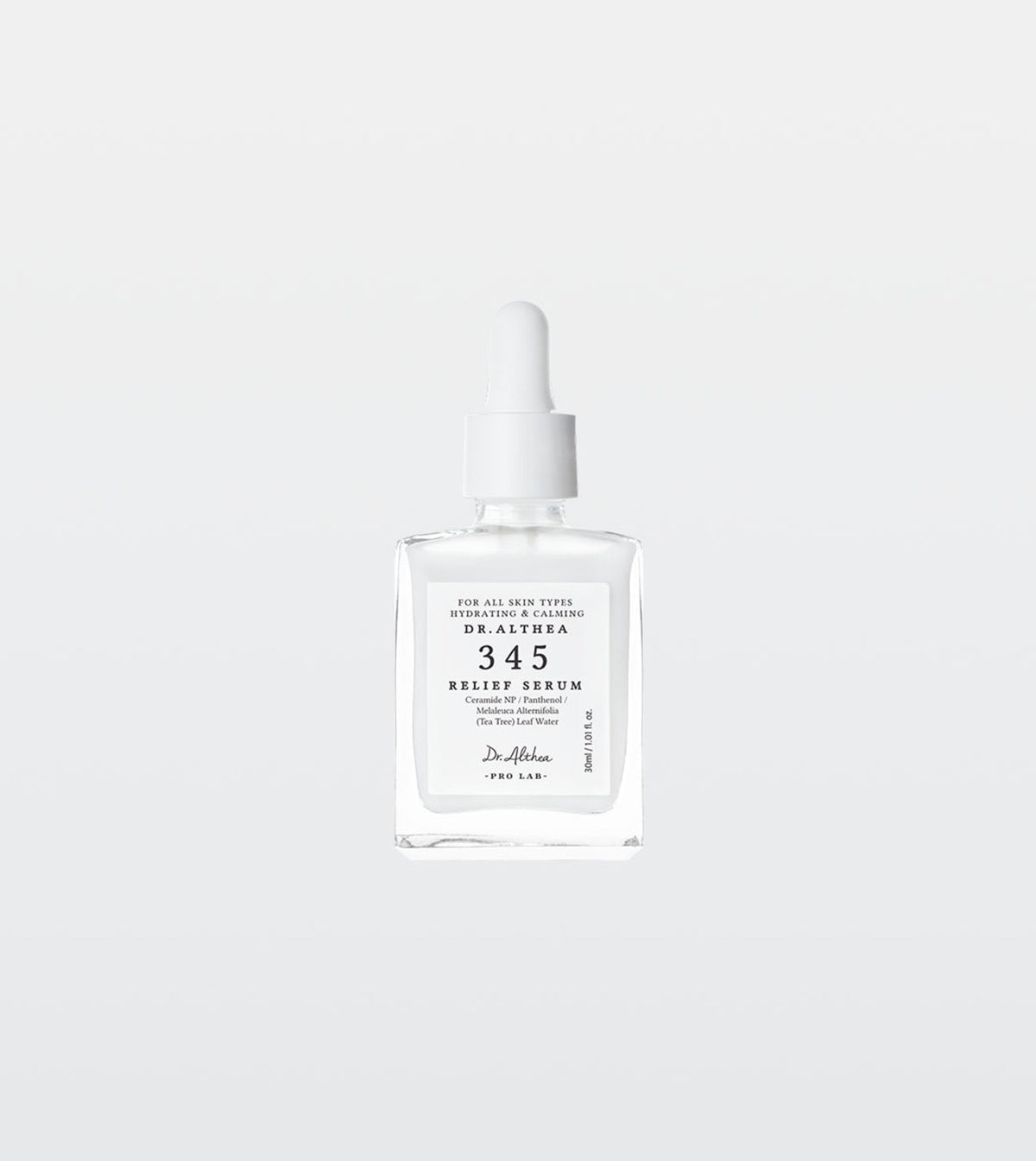 Clear Dr. Althea 345 Relief Serum bottle with a white dropper cap