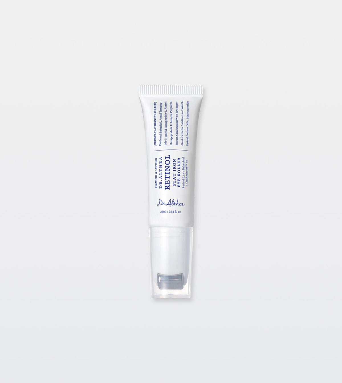 Tubo blanco de Dr. Althea Retinol Flat Iron Eye Roller con cubierta transparente sobre el aplicador