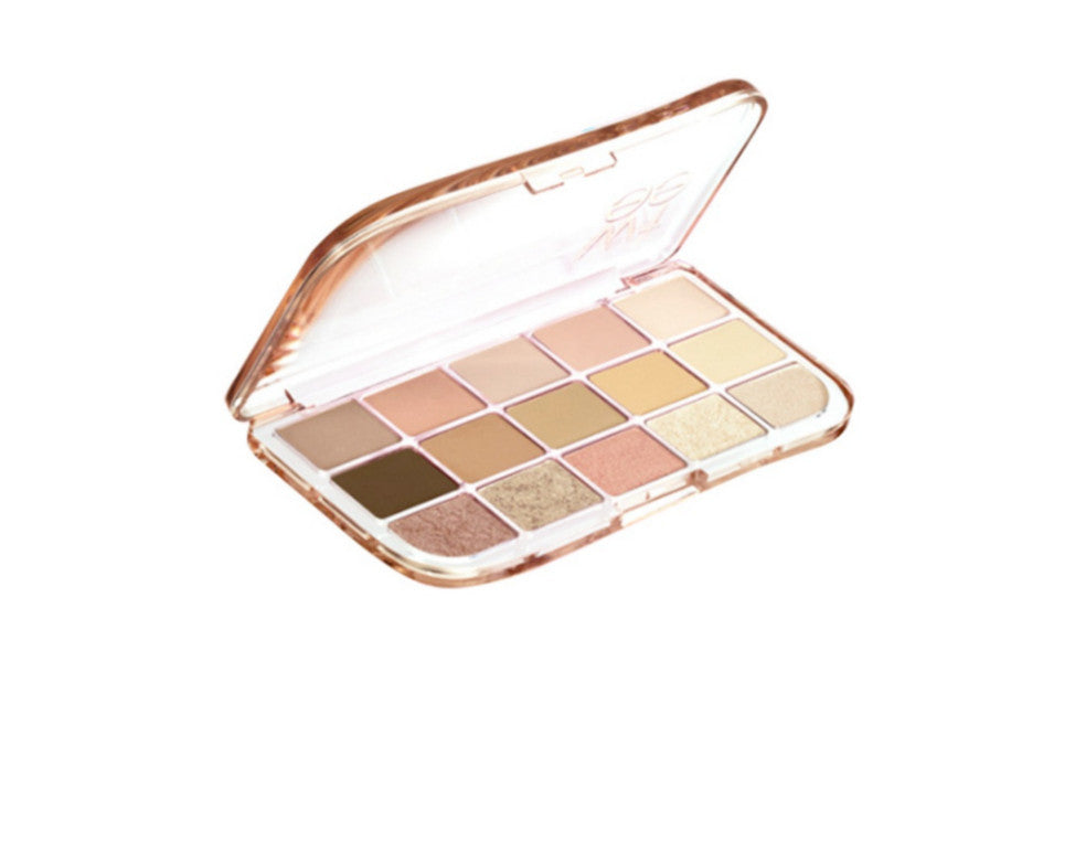 Open FWEE More Mood Eyeshadow Palette in a rose-gold case with rows of eyeshadow pans