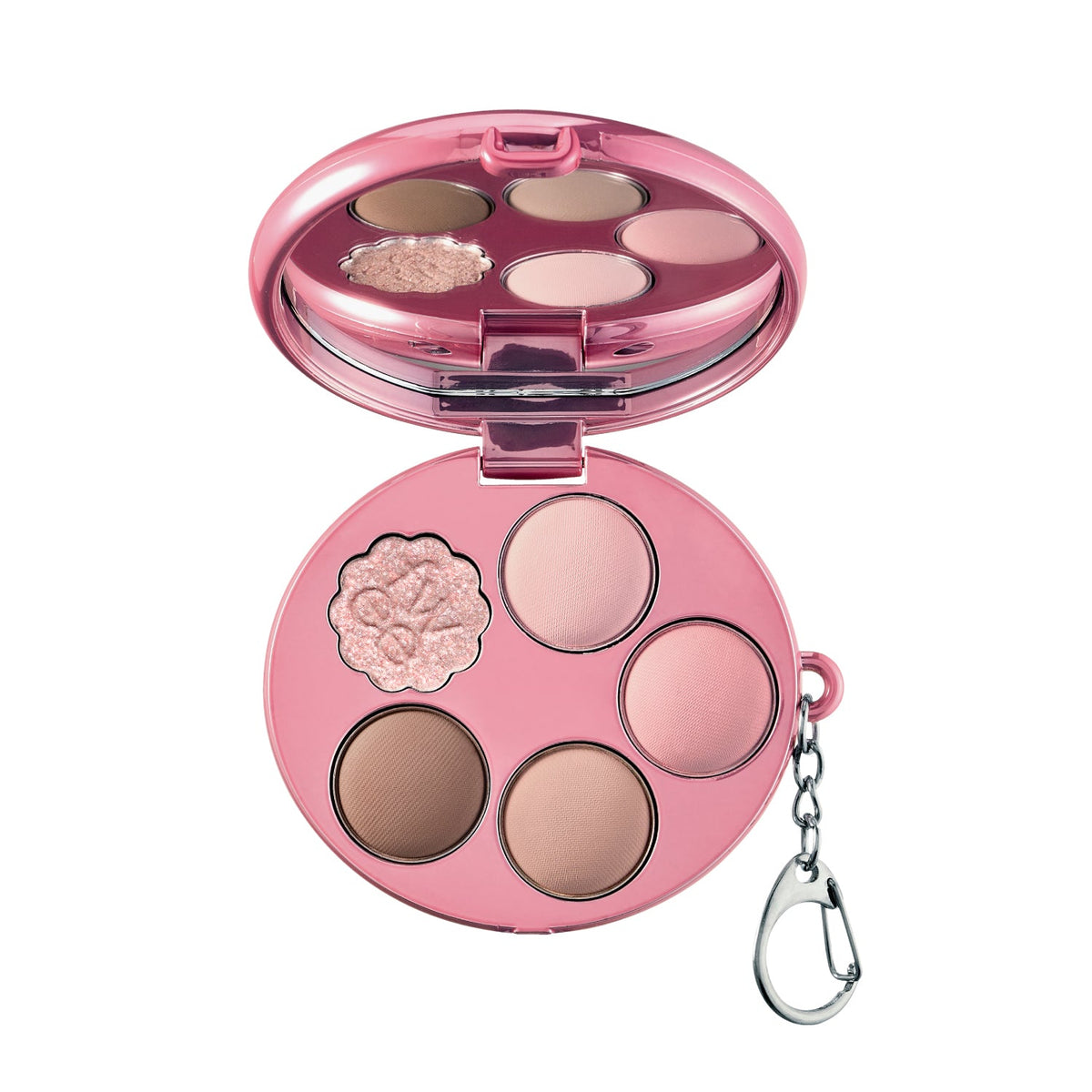 Open pink FWEE Pocket Eye Palette EP03 Strawberry Whip with five eyeshadow pans and a mirror
