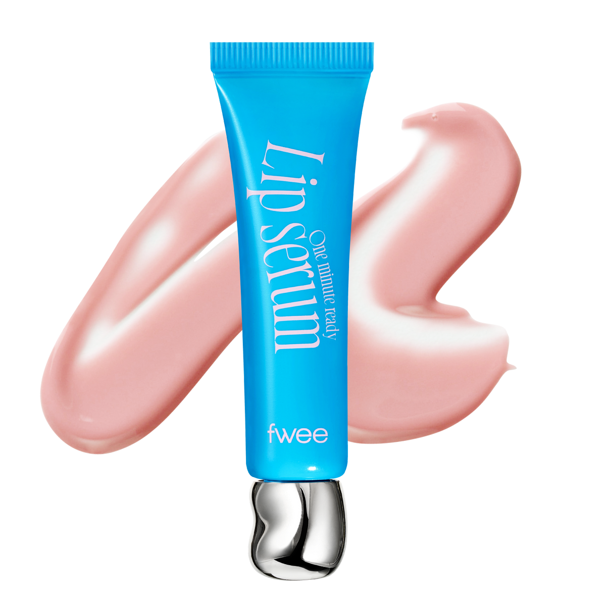 FWEE One Minute Ready Lip Serum in a blue tube with a silver cap and pink cream swatches