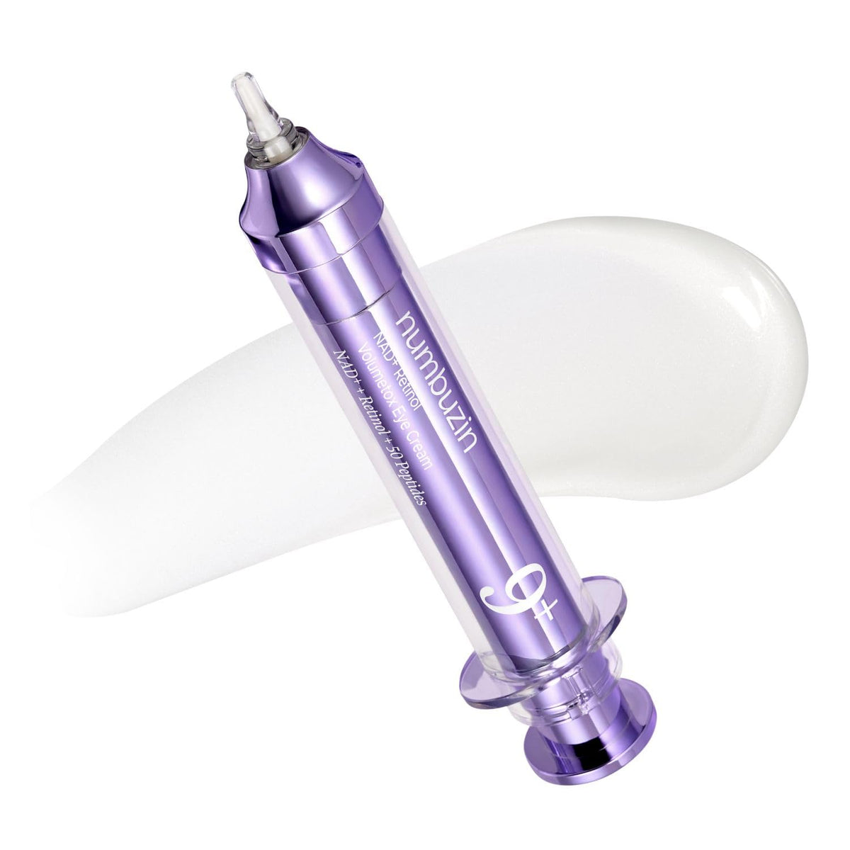 numbuzin No.9 NAD+ Retinol Volumetox Eye Cream in a purple syringe-style applicator