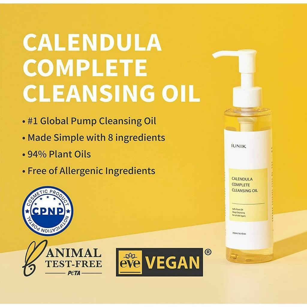 IUNIK Calendula Complete Cleansing Oil 200mL, Vegan, Deep clean, 94% Plant-based Oils, Blackhead Melting, Makeup Remover