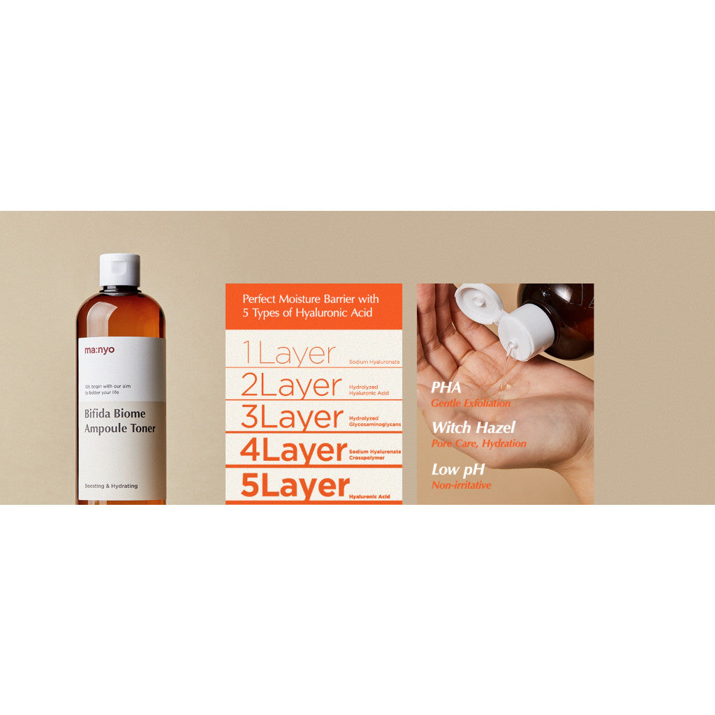 Manyo Bifida Biome Ampoule Toner (210ml,400ml,500ml) Moisturizing Toner for Face, 5-Types-of Hyaluronic Acid, Daily Firmness, Serum, Korean Skincare
