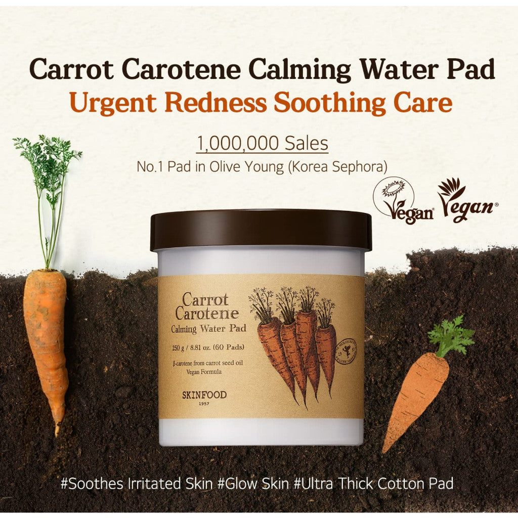 SKINFOOD Carrot Carotene Calming Water Pad 250g (8.81 oz.) 60 Sheets- Redness Relief Soothing, Vegan, Cruelty Free, Dermatologically Tested