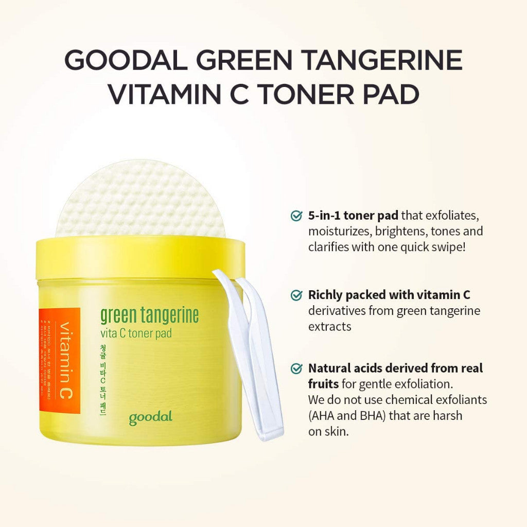 GOODAL Green Tangerine Vitamin C Toner Pads with ‘5-in-1’ Effect, Exfoliates, Tones, Moisturizes, and Detoxifies Sensitive Skin (70 Pads)