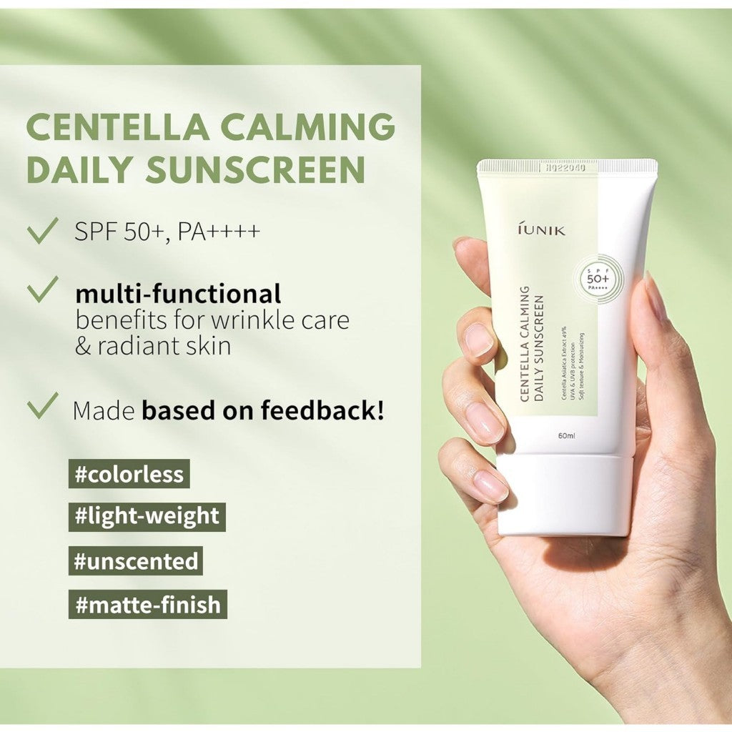 [IUNIK] Centella Calming Daily Sunscreen, 60mL | SPF 50+ PA++++ Vegan Moisture Non-Sticky No White Cast, Light-Weight, Reef-Safe, UVA UVB, Matte-Finish
