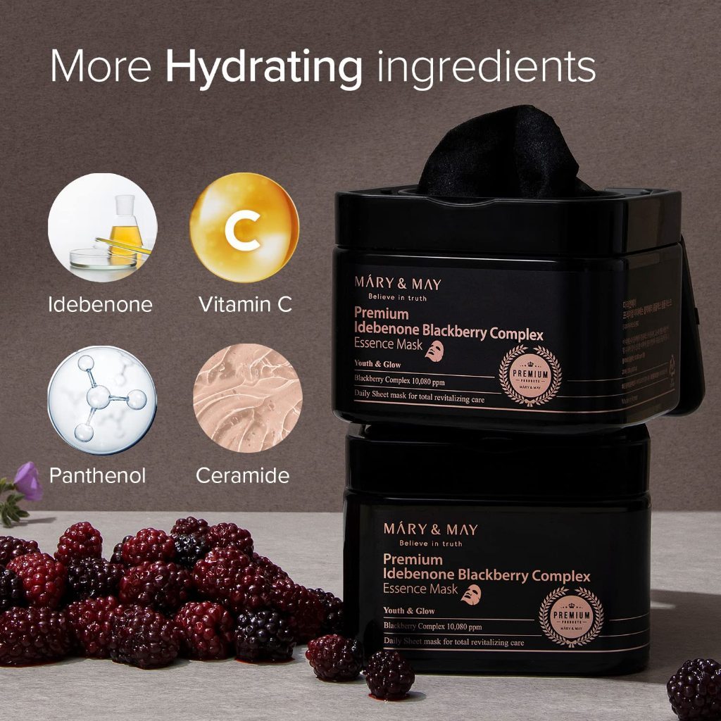 MARY&MAY Premium Idebenone Blackberry Complex Essence Mask, 20 Sheets 250g