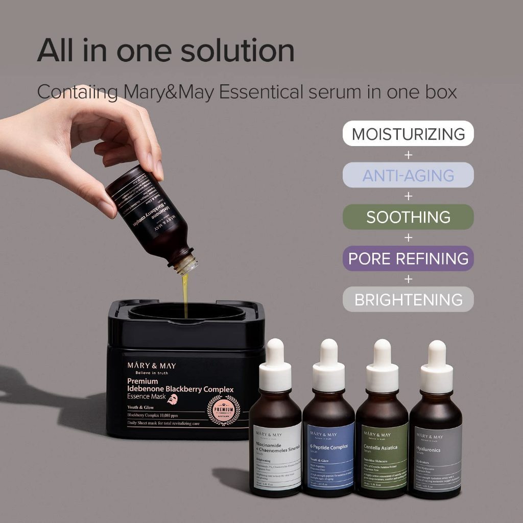 MARY&MAY Premium Idebenone Blackberry Complex Essence Mask, 20 Sheets 250g