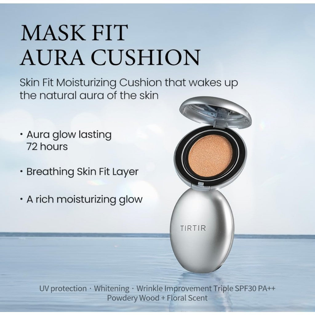 [TIRTIR] Aura Glow Cushion, 18g | Semi-Glow Finish, 72-Hour Radiance, Buildable coverage, Moisturized, Buildable skin, Korean Cushion