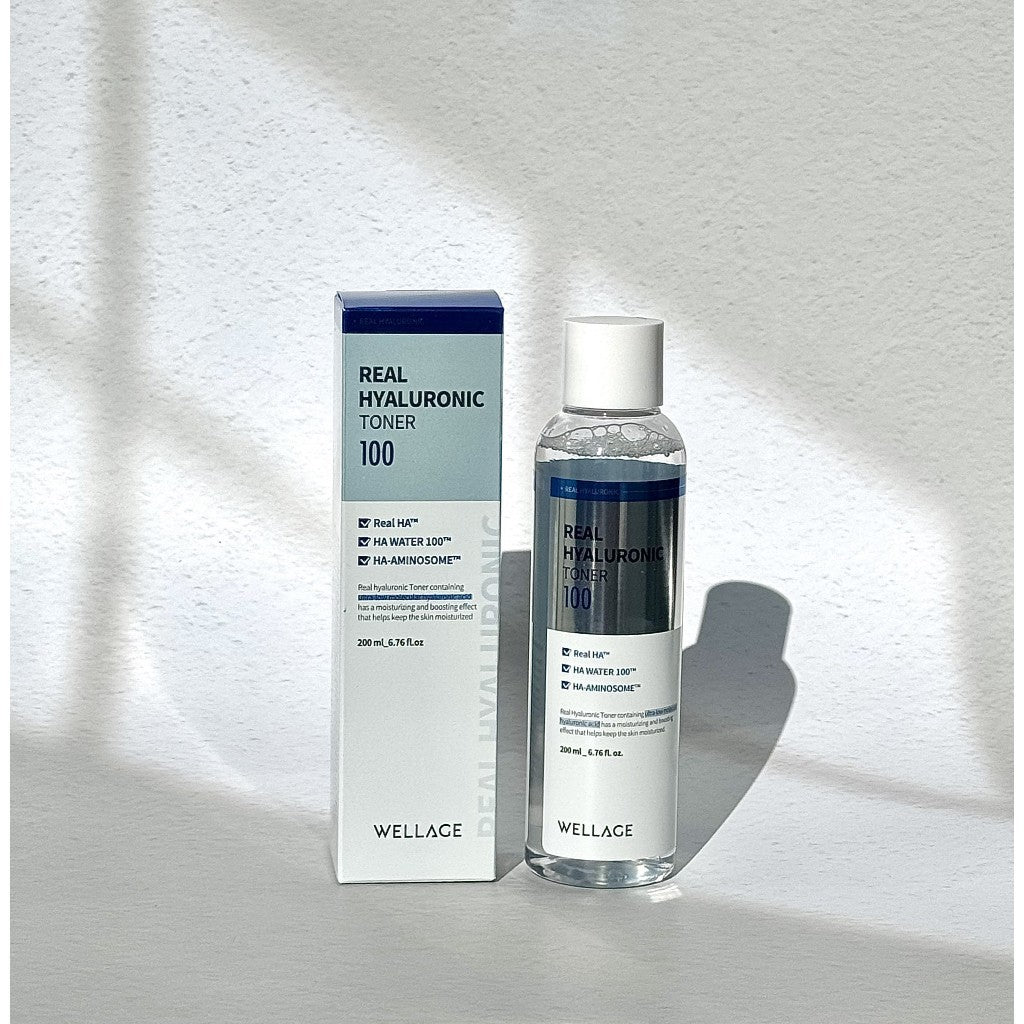 WELLAGE Real Hyaluronic Toner 100, 200mL | 93% High Purity Low-Molecular Hyaluronic Acid Face Toner