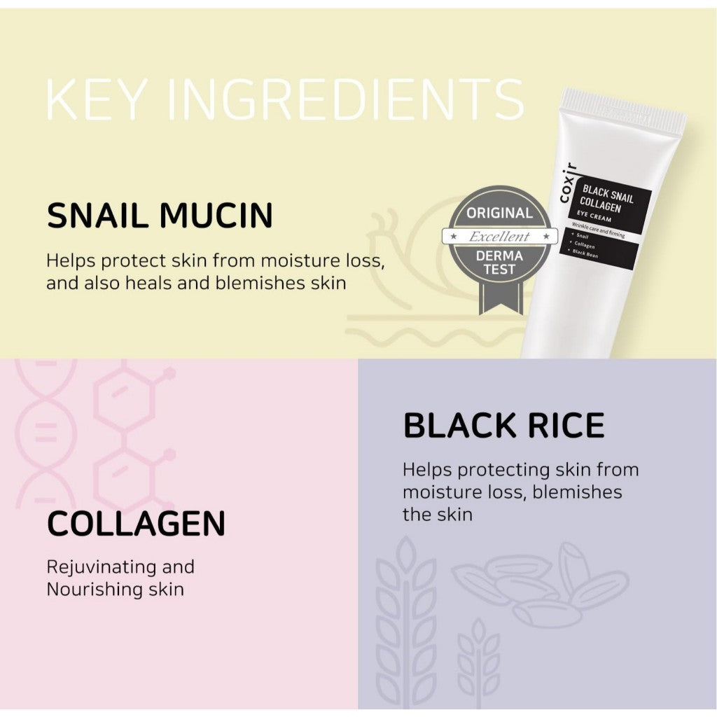 [COXIR] BLACK SNAIL COLLAGEN EYE CREAM, 30mL l Black-3-Complex: Black Rice, Bean, Sesame, Snail Mucin, Niacinamide, Collagen