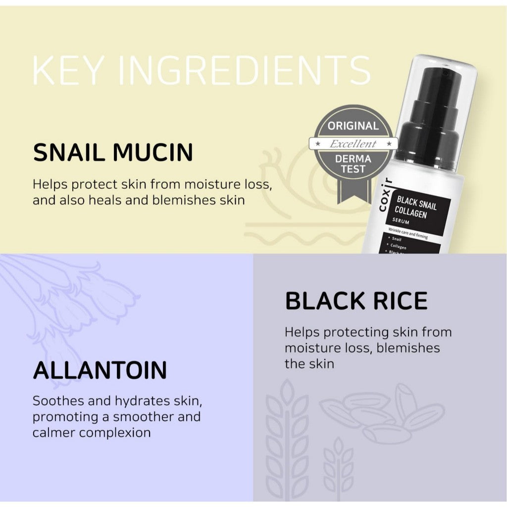 [COXIR] BLACK SNAIL COLLAGEN SERUM, 50mL l Black-3-Complex: Black Rice, Bean, Sesame, Snail Mucin, Collagen
