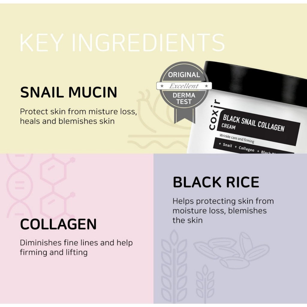 [COXIR] BLACK SNAIL COLLAGEN CREAM, 50mL l Black-3-Complex: Black Rice, Bean, Sesame, Snail Mucin, Collagen