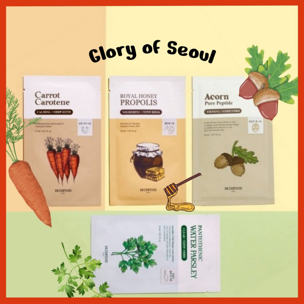 Colección de mascarillas faciales SKINFOOD 1 unidad (7 tipos) │ Zanahoria / Bellota / Perejil / Miel / Patata / Uva Shine Muscat