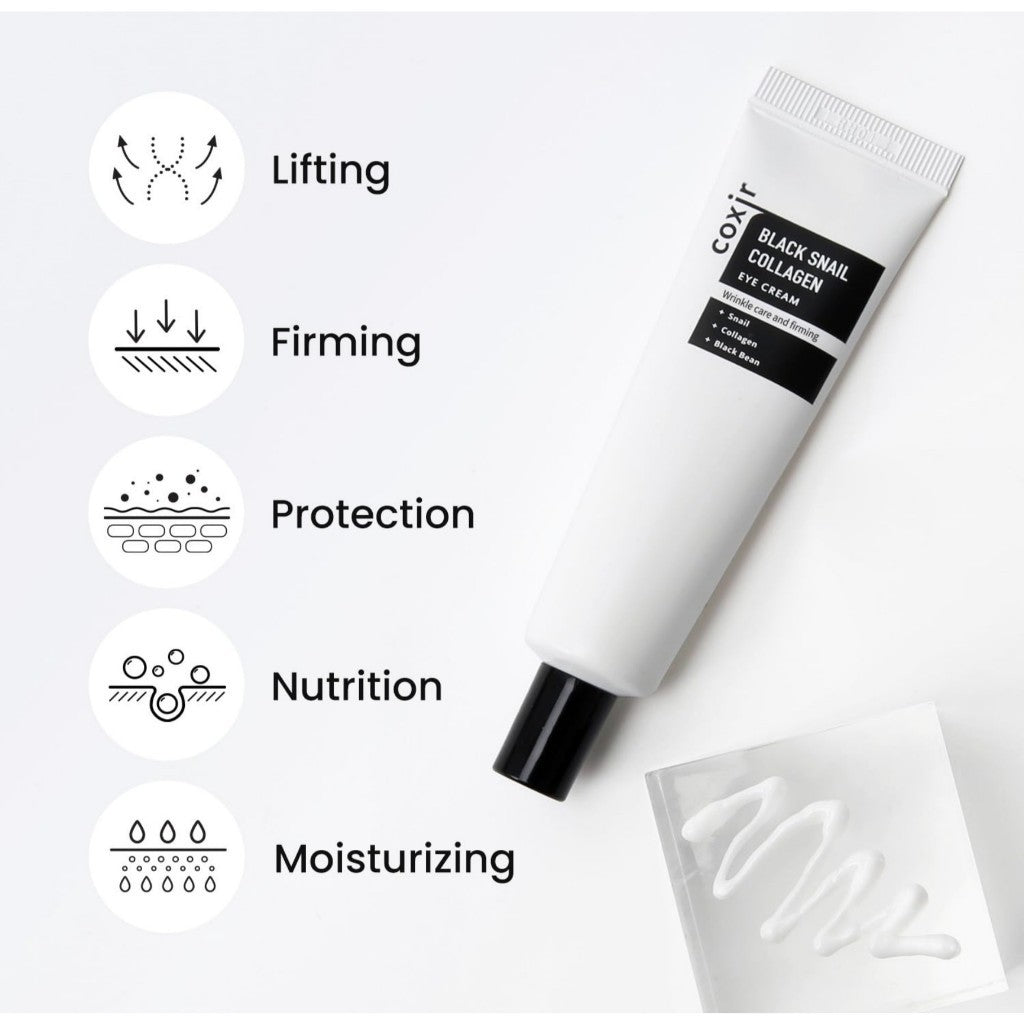 [COXIR] BLACK SNAIL COLLAGEN EYE CREAM, 30mL l Black-3-Complex: Black Rice, Bean, Sesame, Snail Mucin, Niacinamide, Collagen
