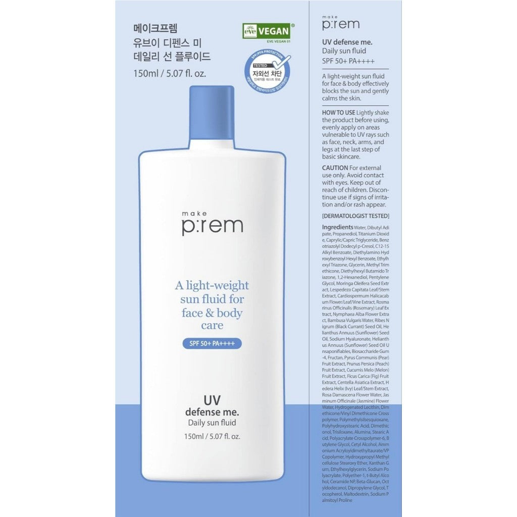 [MAKE PREM] UV Defense Me Daily Sun Fluid, 150mL | Vegan Non-greasy Calming Hydrating SPF 50+ PA++++ make p:rem