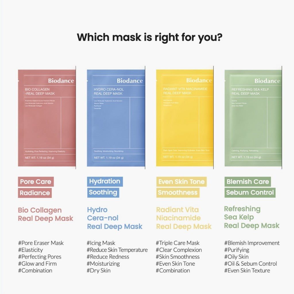 Biodance Mask Pack 1 Sheet (4 Types) │ Bio-Collagen / Cera-nol / Refreshing Sea Kelp / Radiant Vita Niacinamide