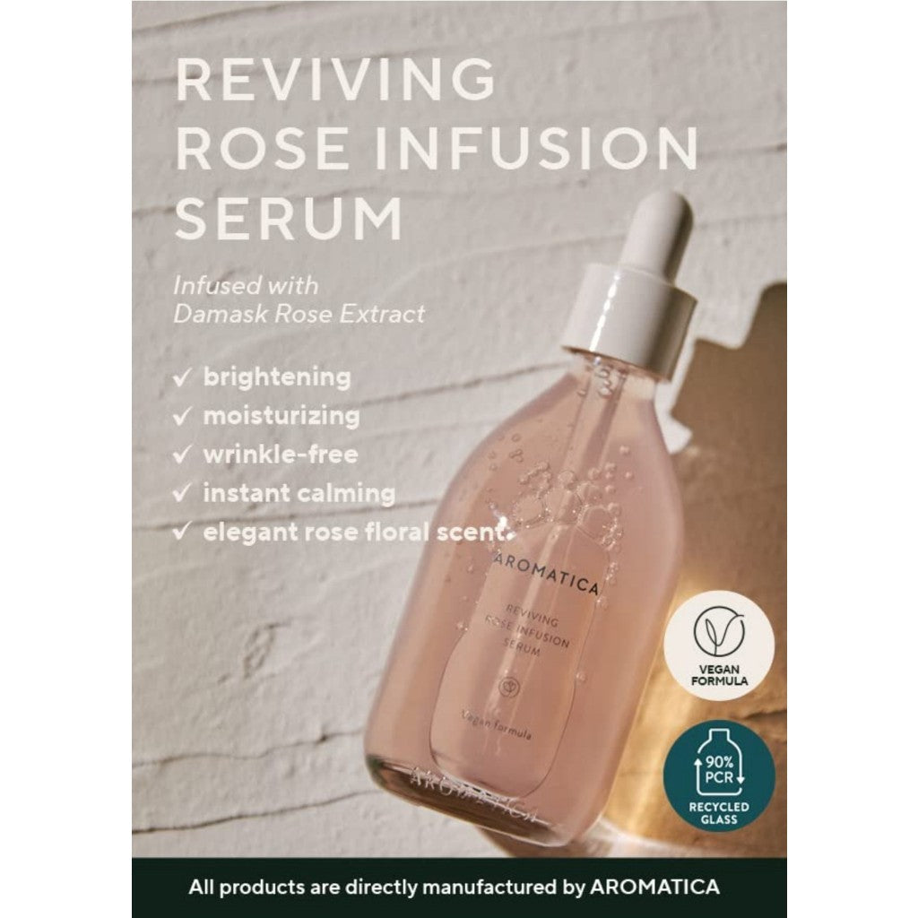 [AROMATICA] Reviving Rose Infusion Serum 3.38oz / 100ml, Vegan, Anti-aging hydrating serum, Glowing Serum for dry skin | with Damask Rose Water and Rose Oil