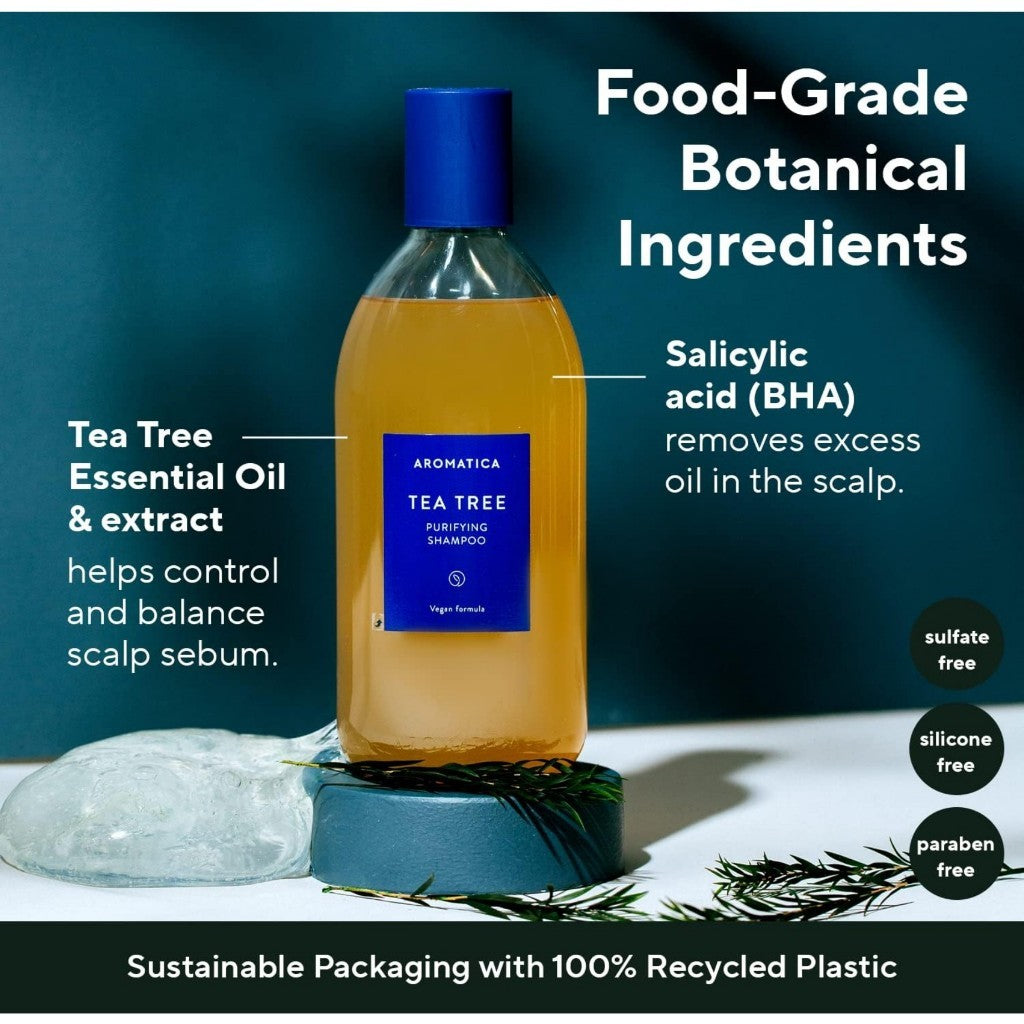 [AROMATICA] Tea Tree Purifying Shampoo 13.53fl.oz./400ml, Tea Tree Shampoo for Oily Hair and Scalp, Sulfate Free, Vegan