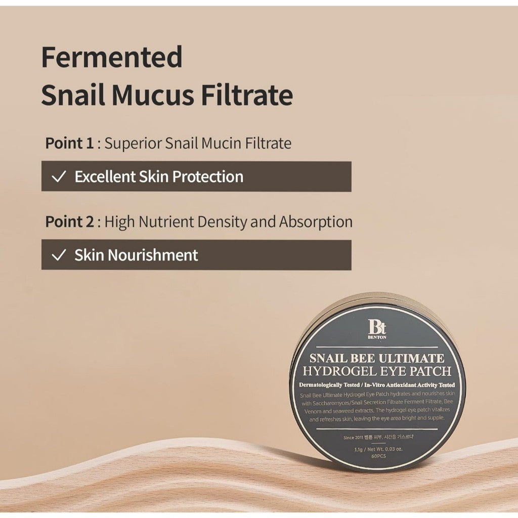 BENTON Snail Bee Ultimate Hydrogel Eye Patch (60 unidades) - Parches hidratantes para ojos | Parches para ojos con mucina de caracol | Parches reutilizables para ojos | Parches refrescantes para ojos