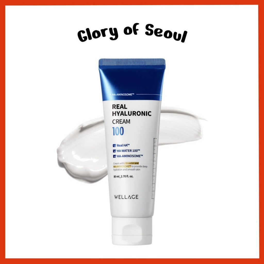 WELLAGE Real Hyaluronic Cream 100, 80mL | Ultra Moisturizing Face Moisturizer with 500,000ppm Hyaluronic Acid for 100hr Deep Hydration