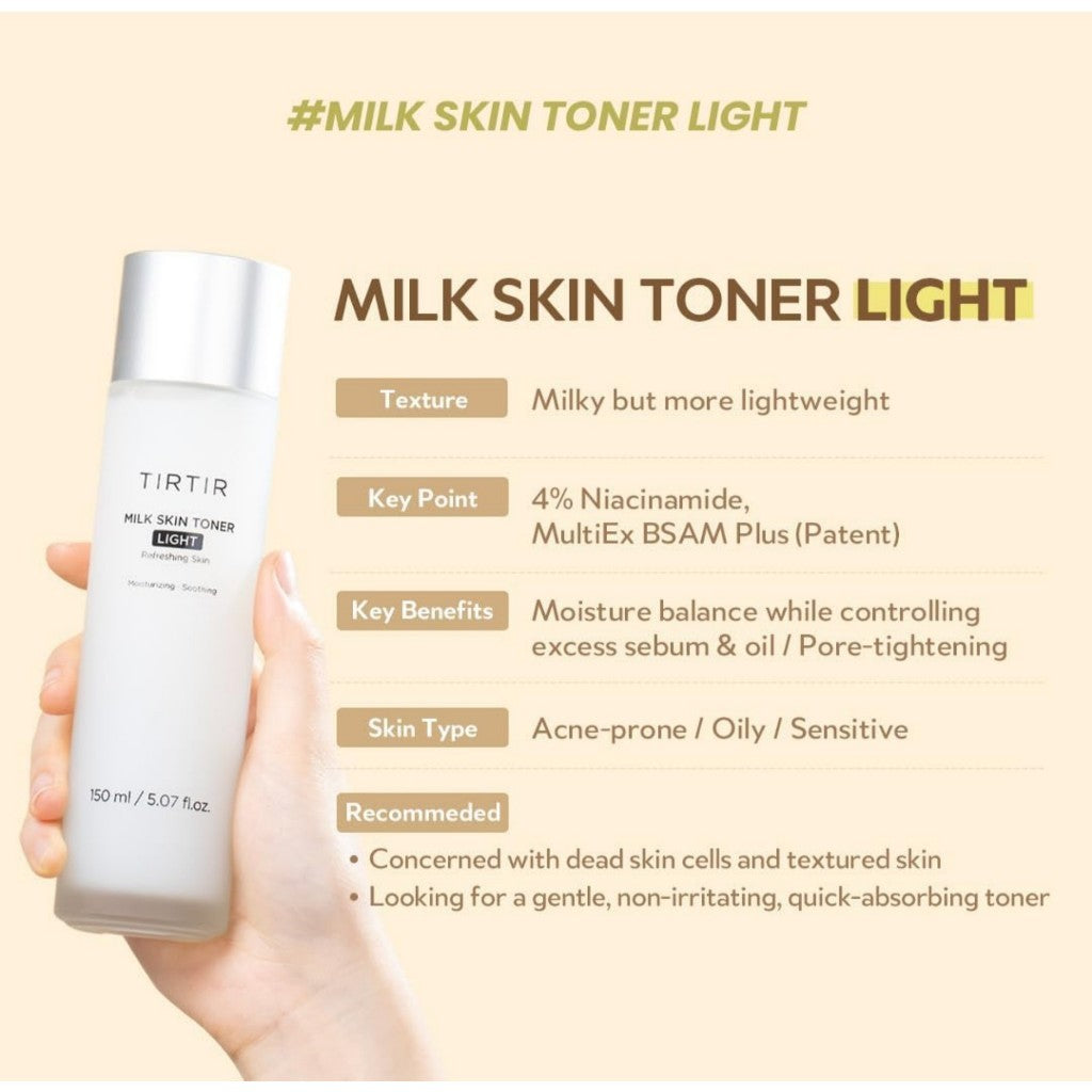 TIRTIR Milk Skin Toner Light (50mL / 150mL) | Instant Hydration with 4% Niacinamide, Pore-tightening, Vegan toner for Acne-prone