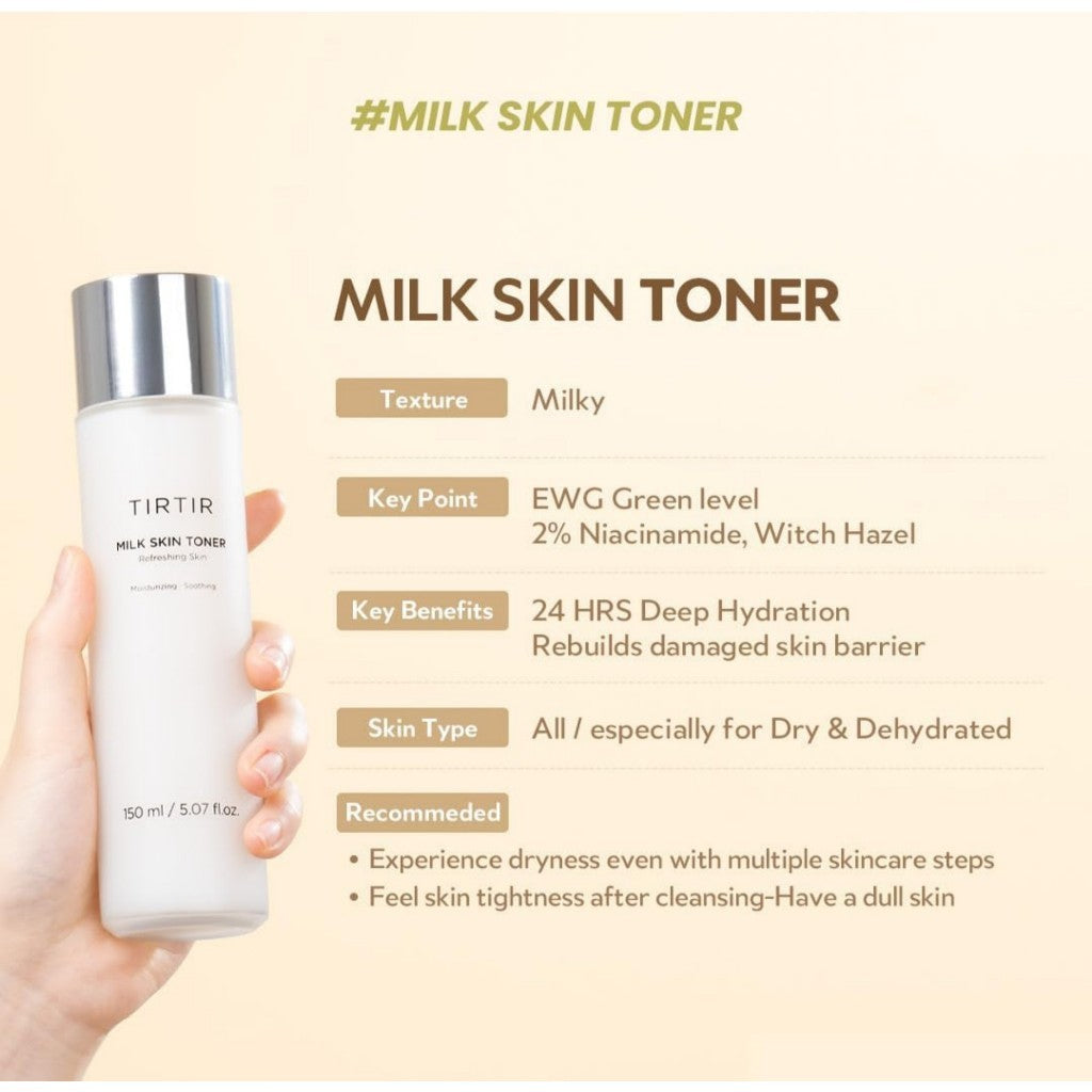 TIRTIR Milk Skin Toner Light (50mL / 150mL) | Instant Hydration with 4% Niacinamide, Pore-tightening, Vegan toner for Acne-prone