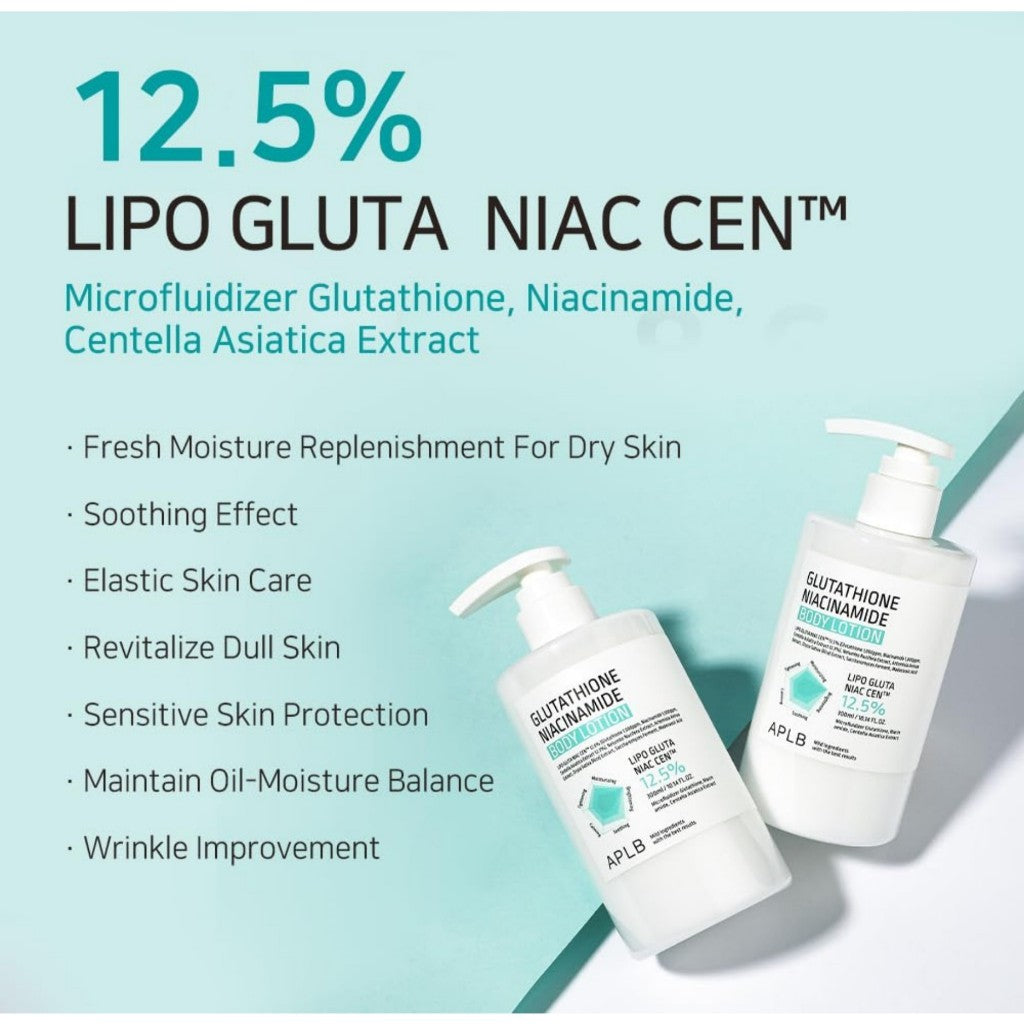 APLB Glutathione Niacinamide Body Lotion, 300mL | LIPO GLUTA NIAC CEN™ 12.5% 10.14 FL.OZ/Korean Skincare, Long lasting hydration, Revitalize for gentle and improve skin texture