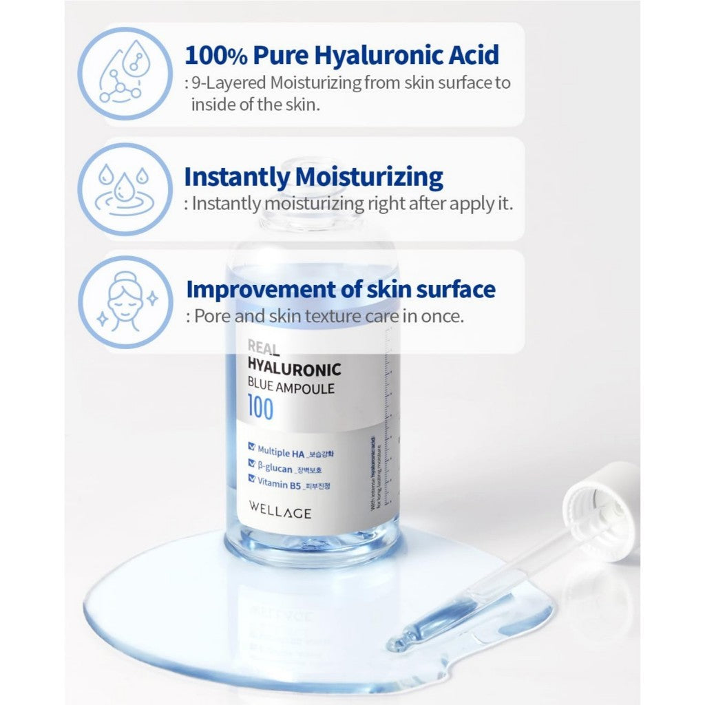 WELLAGE Real Hyaluronic Blue Ampoule 100, 100mL | Fragrance Free Hyaluronic Acid Ampoule, Hydrating Non Sticky Serum