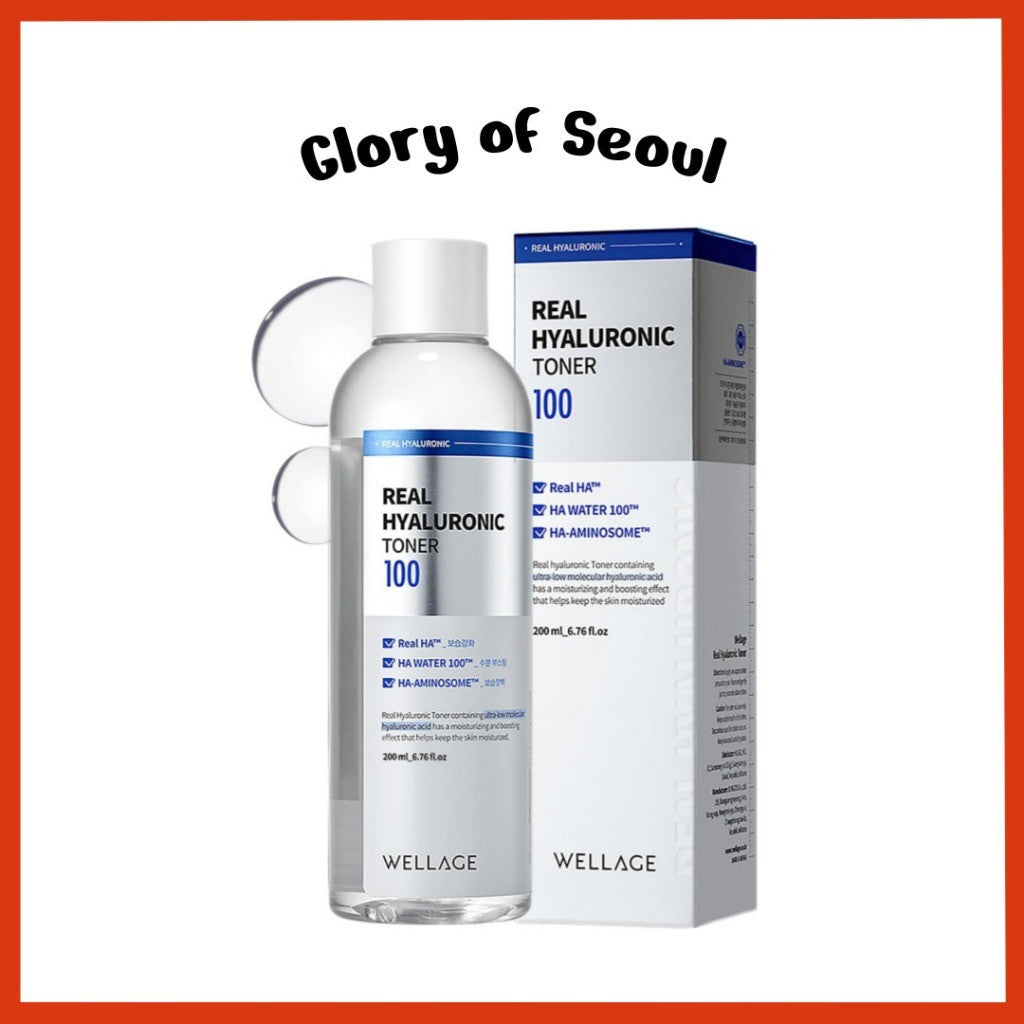WELLAGE Real Hyaluronic Toner 100, 200mL | 93% High Purity Low-Molecular Hyaluronic Acid Face Toner