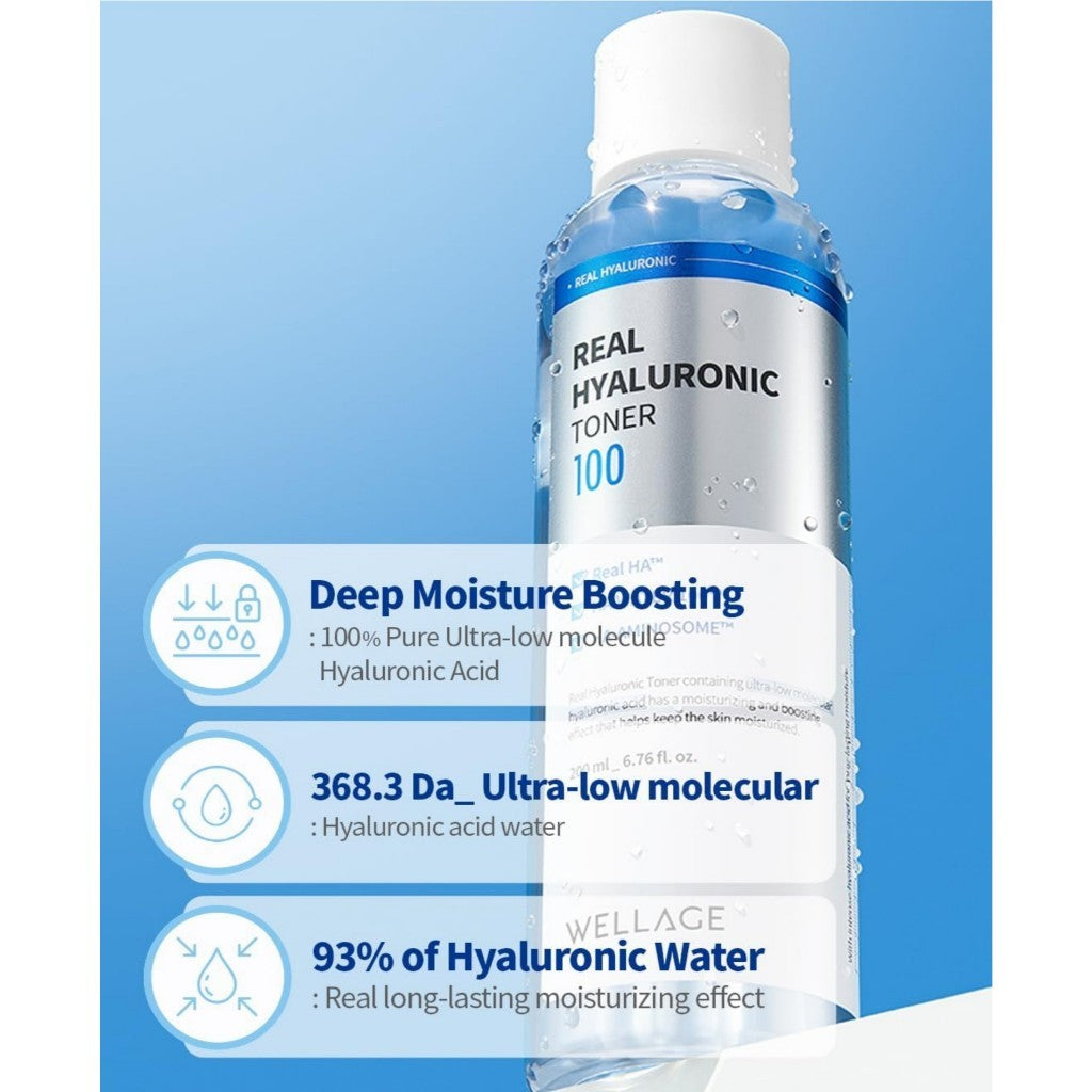 WELLAGE Real Hyaluronic Toner 100, 200mL | 93% High Purity Low-Molecular Hyaluronic Acid Face Toner
