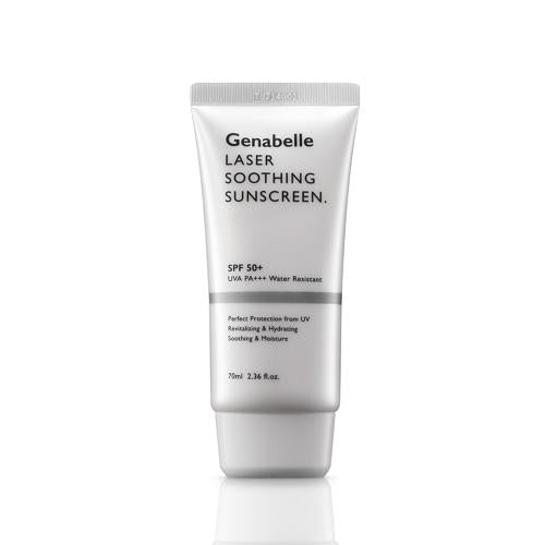 Vista frontal del tubo plateado de Genabelle Laser Soothing Sunscreen